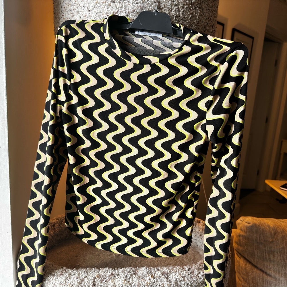 Adorable Black Top with Green & Beige Stripes